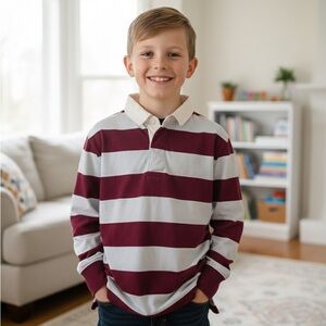 Crewcuts Maroon and Light Blue Striped Rugby Long Sleeve Polo shirt